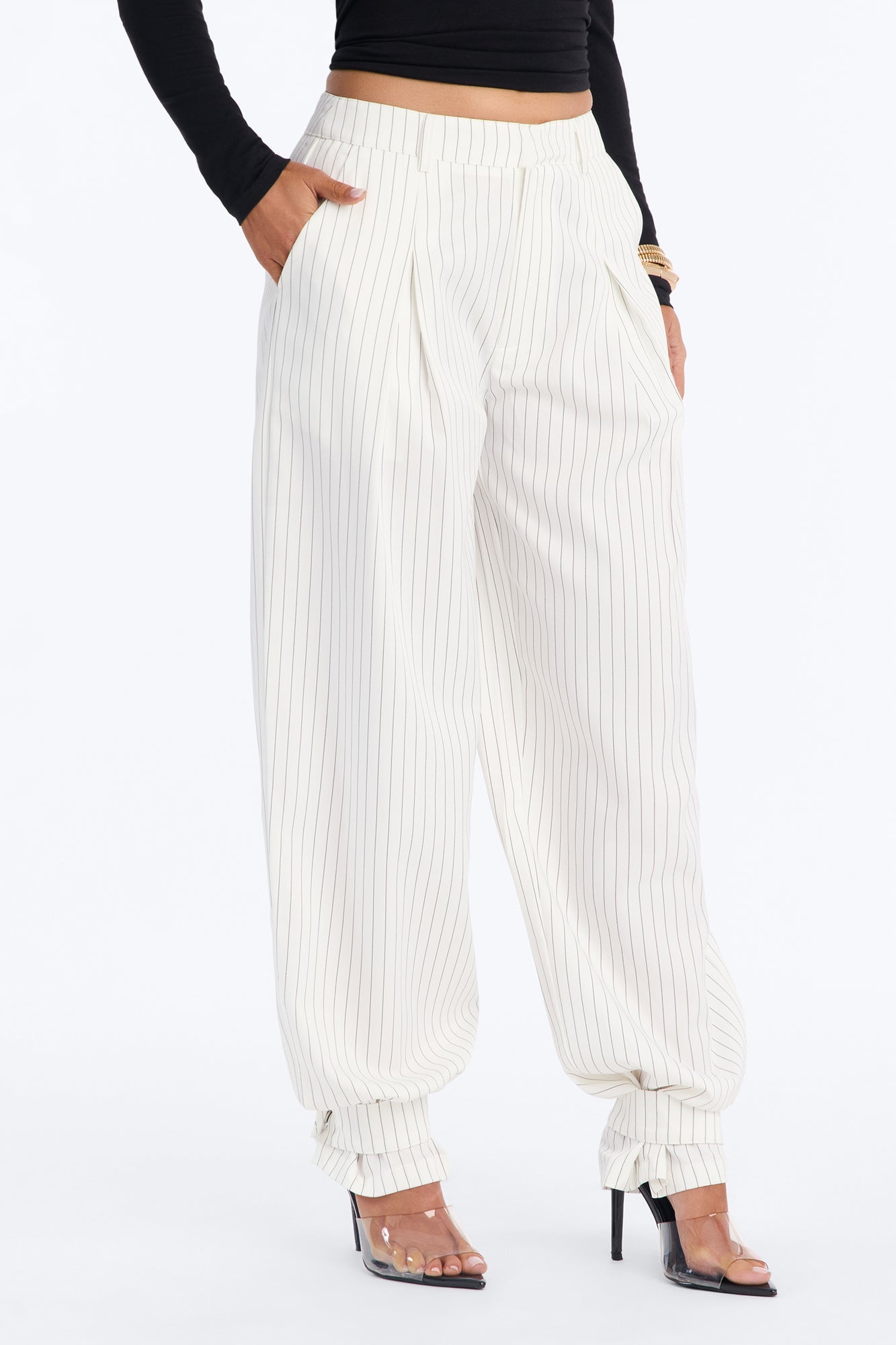 Never Settle Pinstripe Adjustable Cuff Trouser Pants 33″ - Ivory