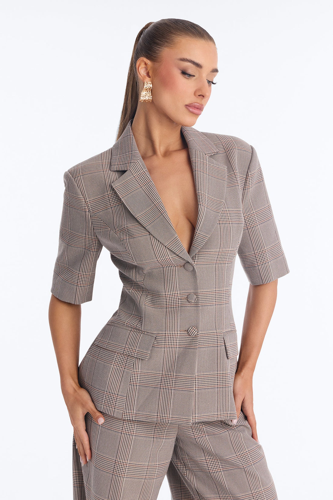 Report To Me Plaid Blazer Pant Set - Taupe/combo