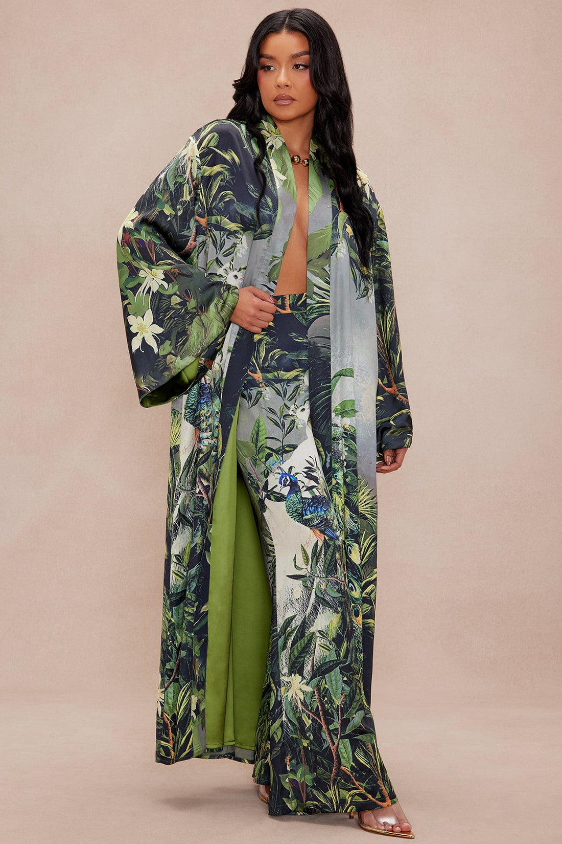 Kamaria Satin Kimono Set - Green/combo