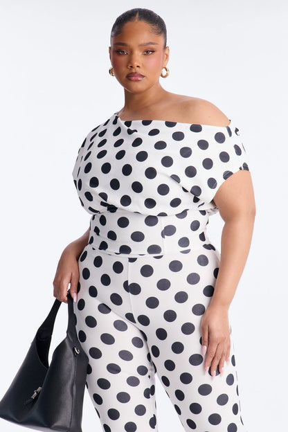 Lily Polka Dot Off Shoulder Pant Set - White/Black
