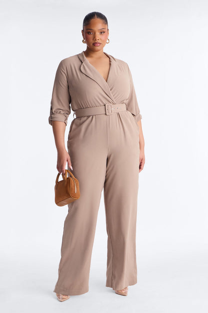 Running Around Belted Straight Leg Jumpsuit - Taupe