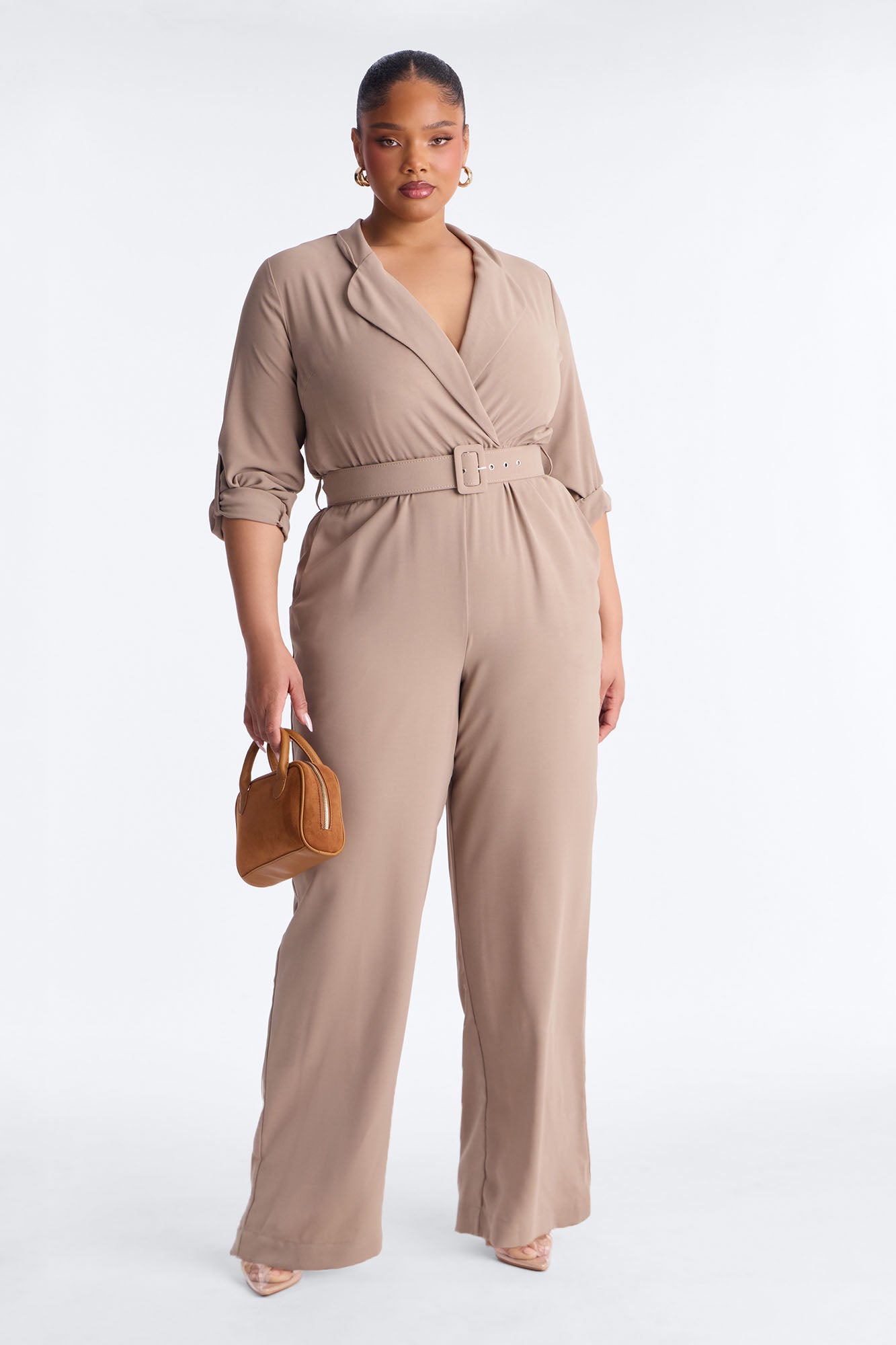 Running Around Belted Straight Leg Jumpsuit - Taupe