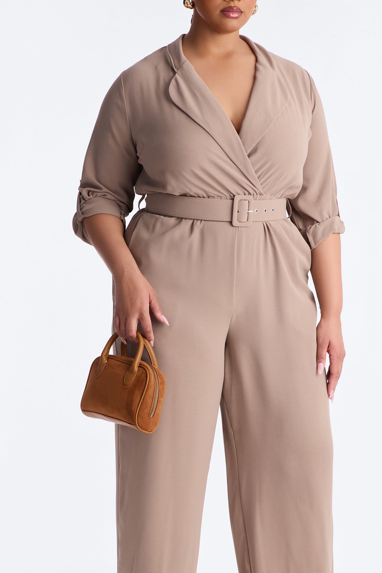 Running Around Belted Straight Leg Jumpsuit - Taupe