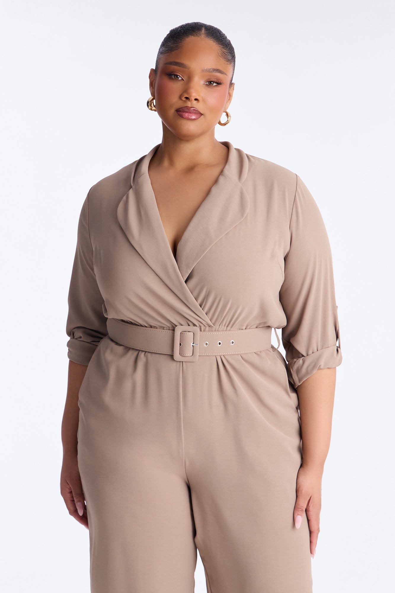 Running Around Belted Straight Leg Jumpsuit - Taupe