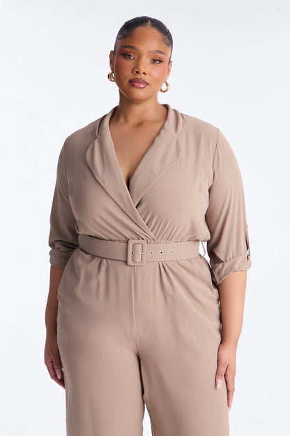 Running Around Belted Straight Leg Jumpsuit - Taupe
