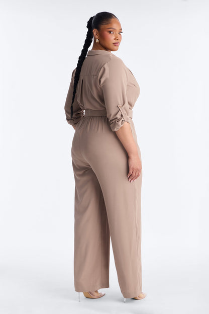 Running Around Belted Straight Leg Jumpsuit - Taupe