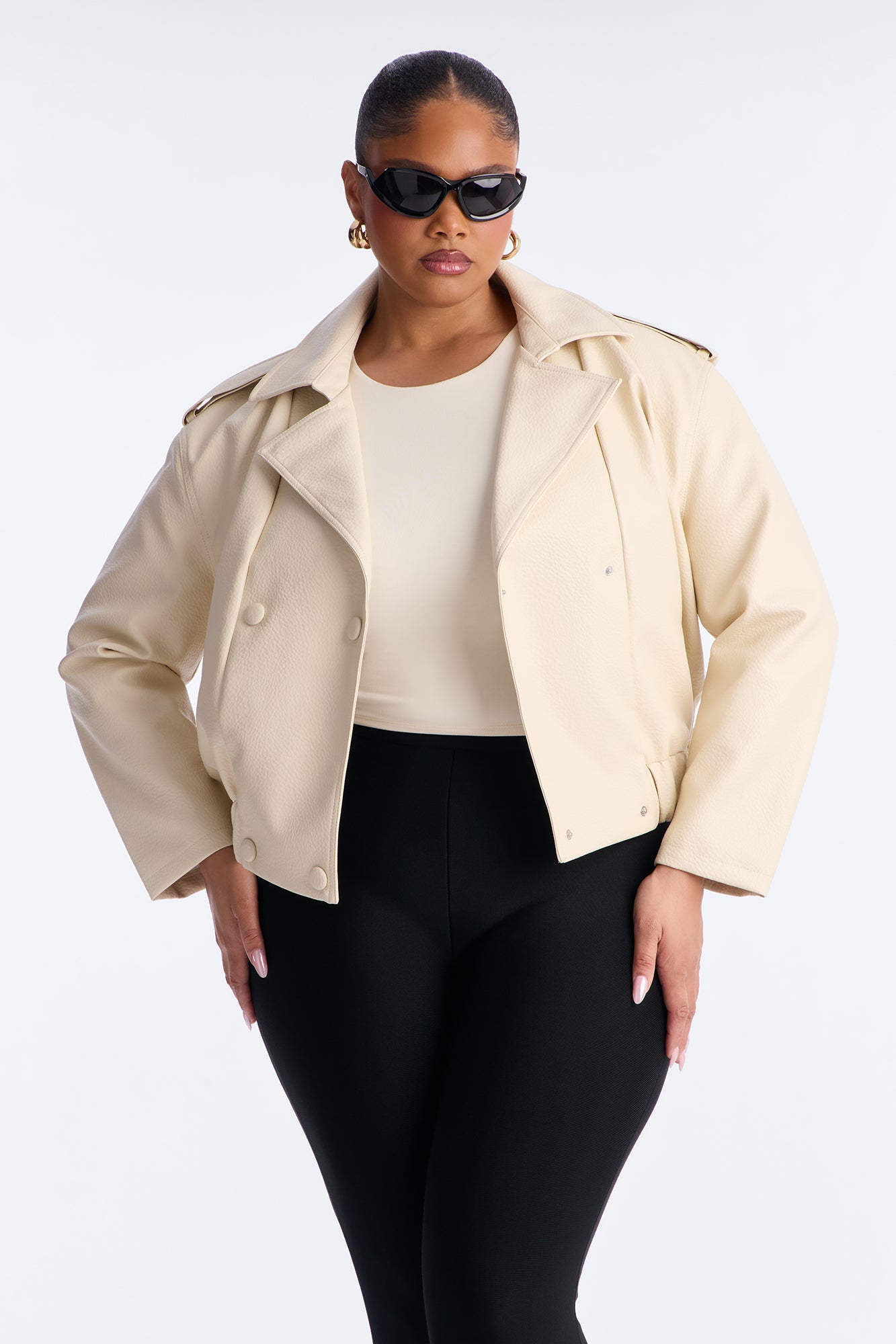 Adrienne Double Breasted Faux Leather Jacket - Bone