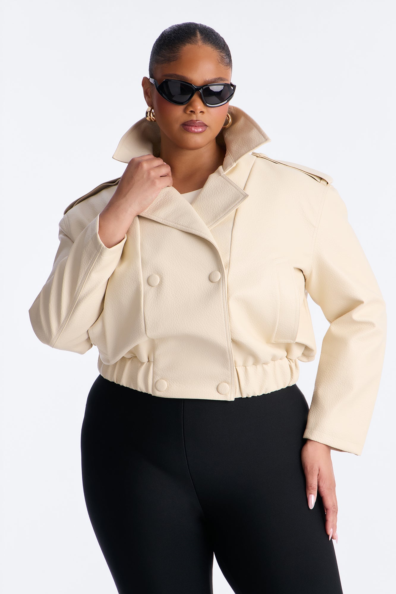 Adrienne Double Breasted Faux Leather Jacket - Bone