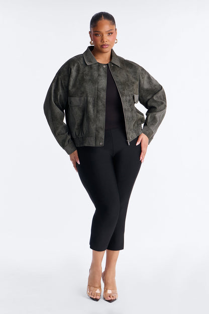 Corey Washed Faux Leather Bomber Jacket - Olive