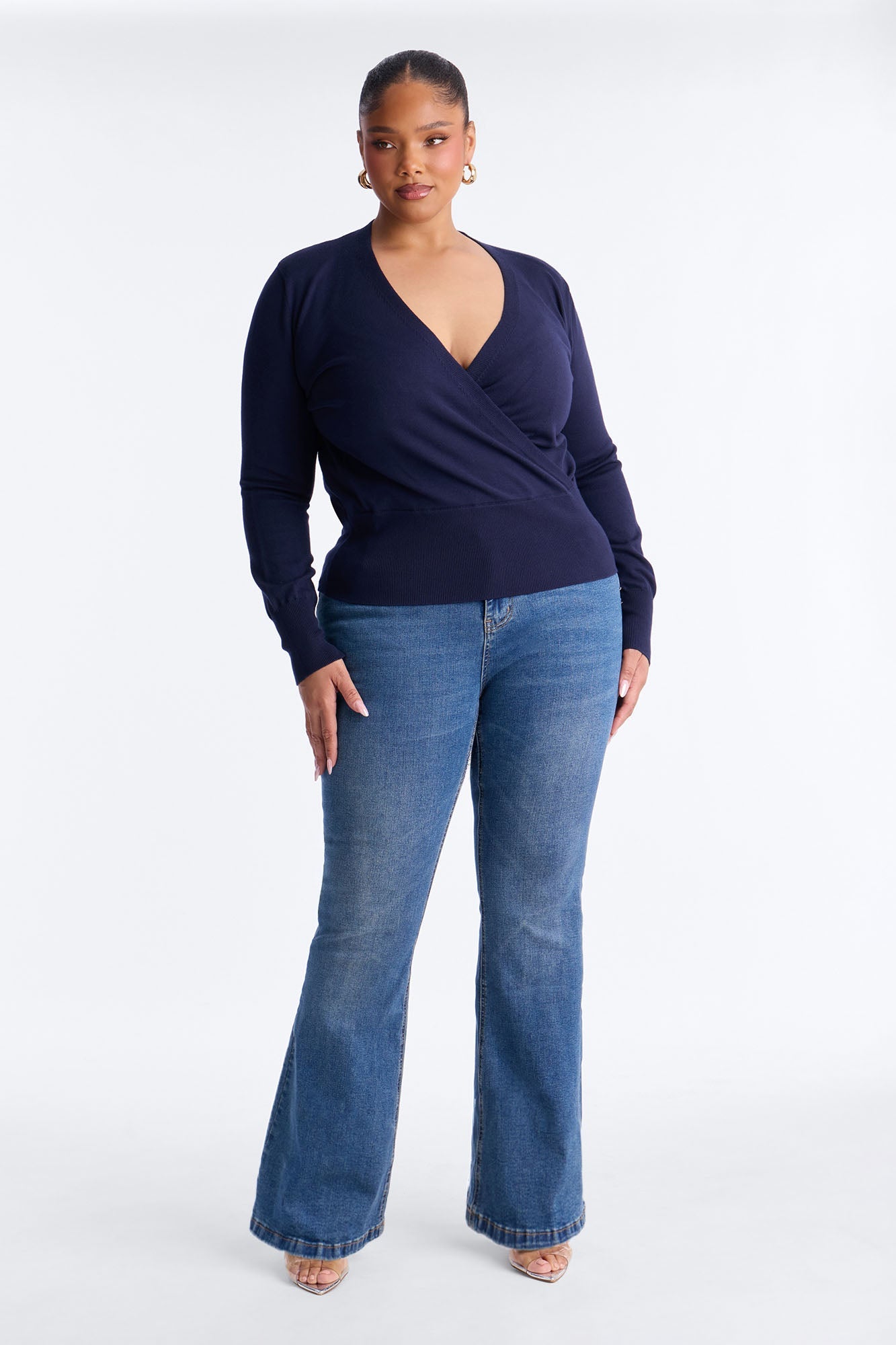 Amelia Shoulder Pads Surplice Sweater Top - Navy