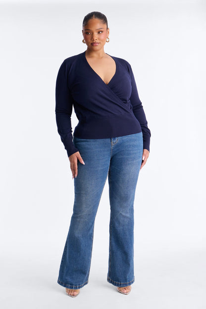 Amelia Shoulder Pads Surplice Sweater Top - Navy