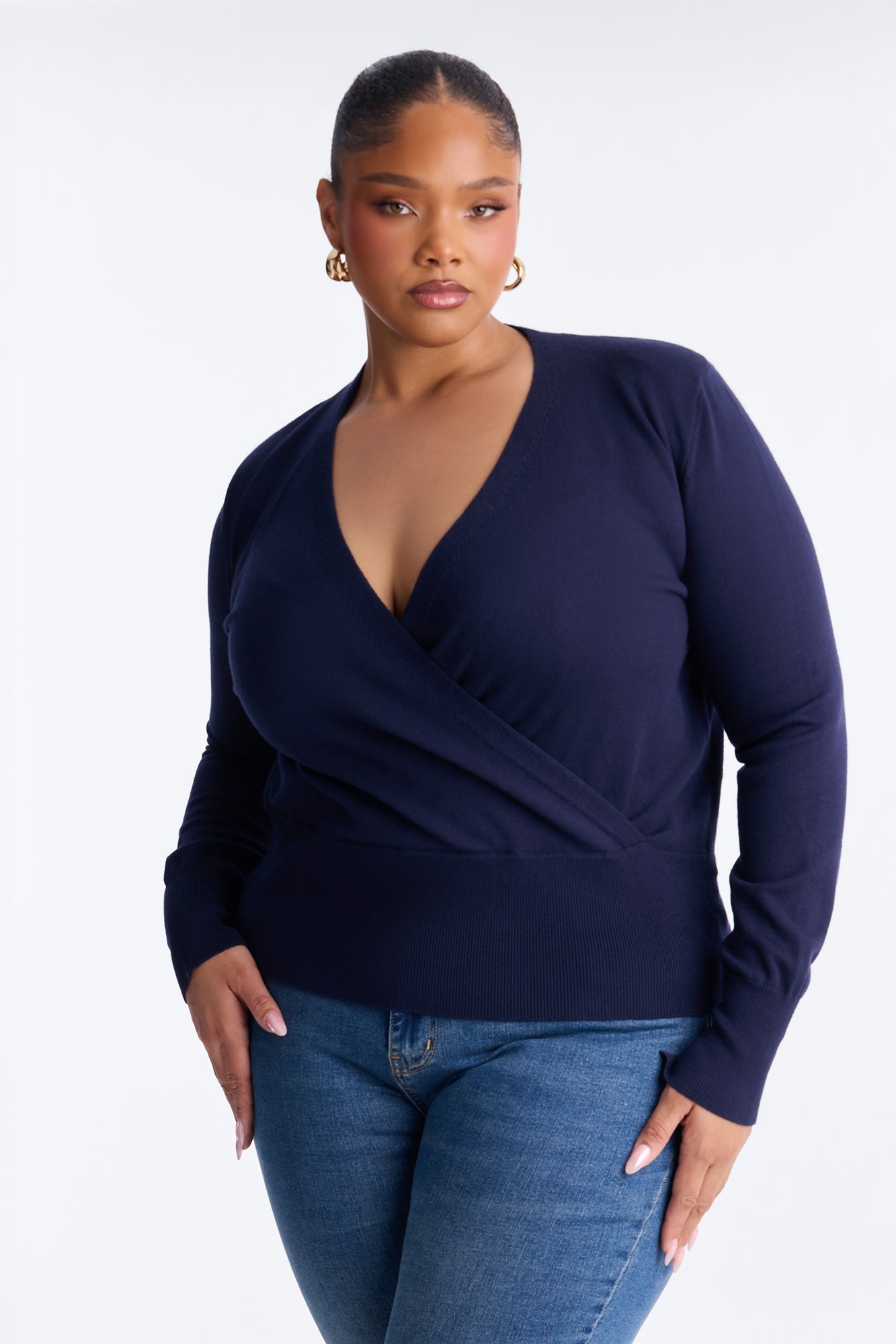 Amelia Shoulder Pads Surplice Sweater Top - Navy