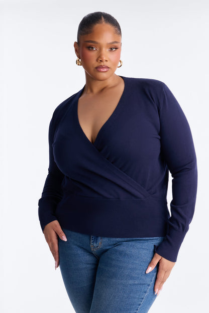 Amelia Shoulder Pads Surplice Sweater Top - Navy