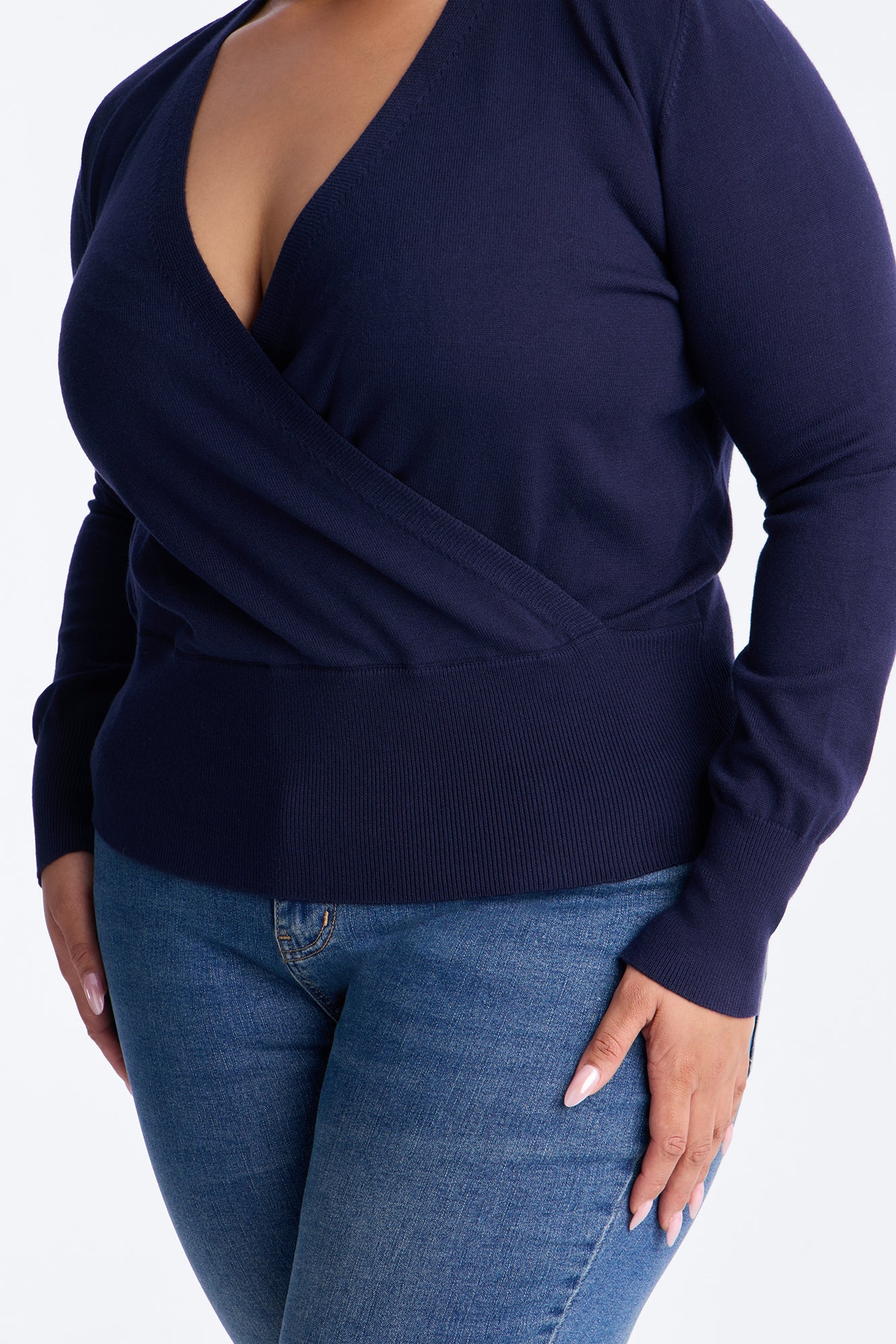 Amelia Shoulder Pads Surplice Sweater Top - Navy