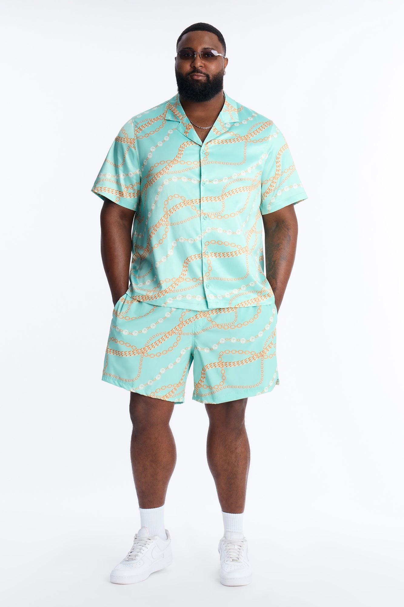 Chain Flex Printed Cuban Collar Button Up Shirt - Blue