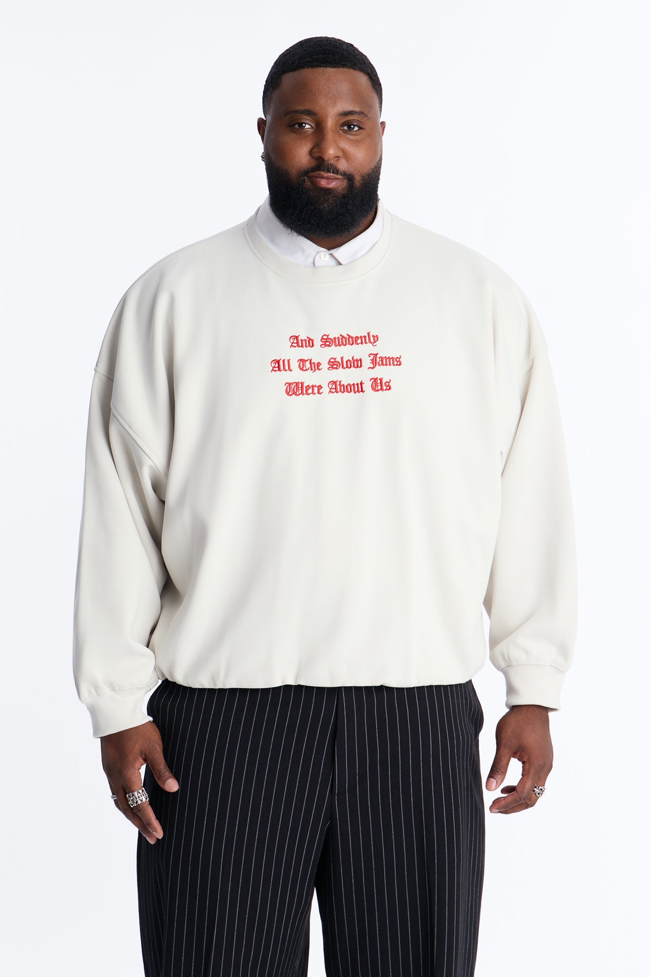 Slow Jam Embroidered Structured Fleece Crewneck - Cream