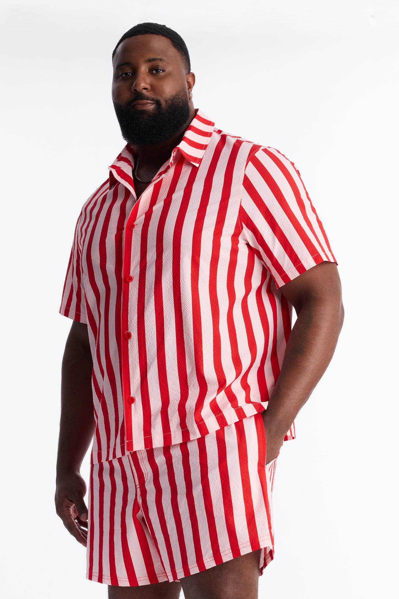 Striped Party Seersucker Button Up Shirt - Red