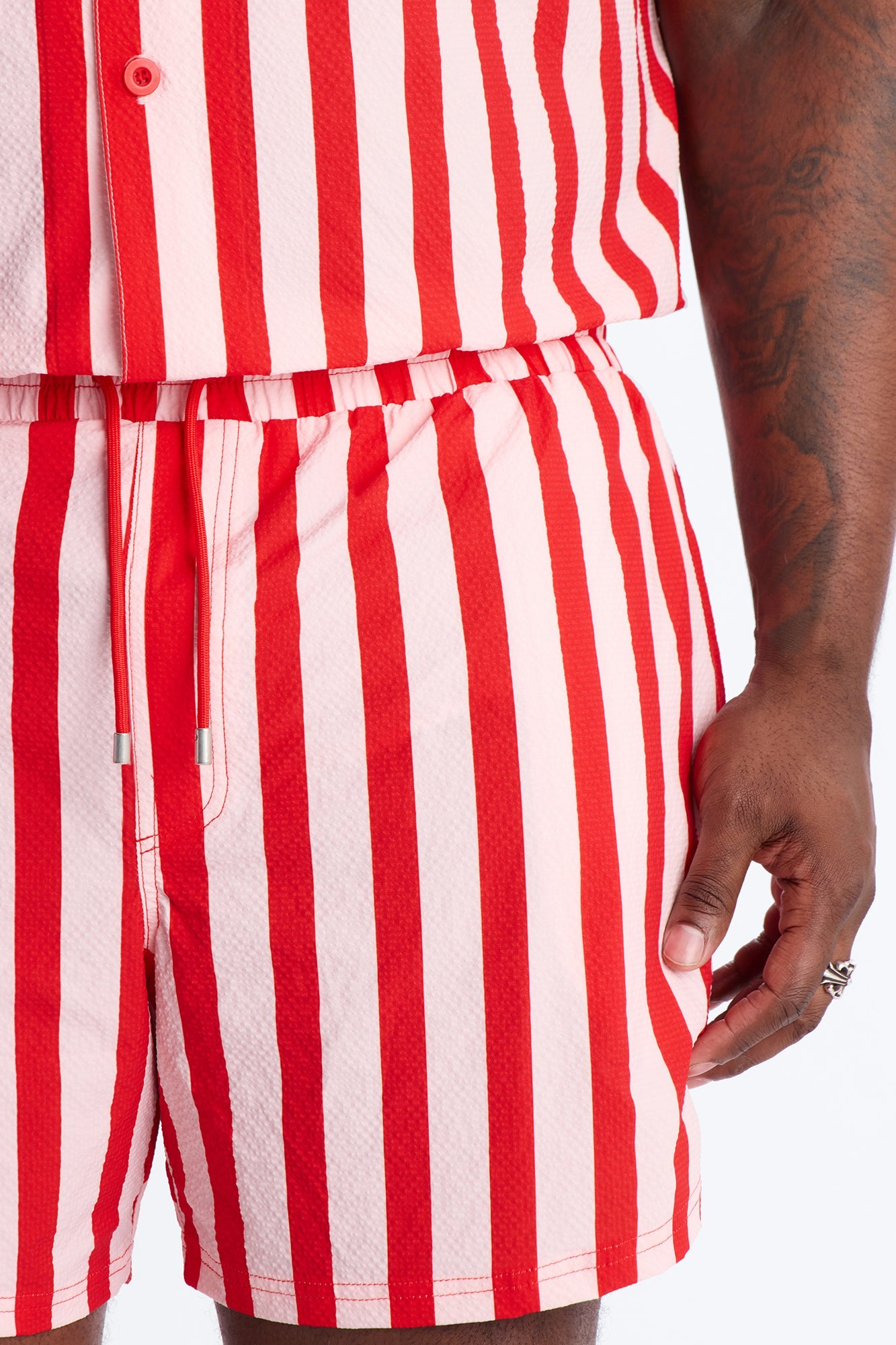 Striped Party Seersucker Swim Trunk 6″ - Red