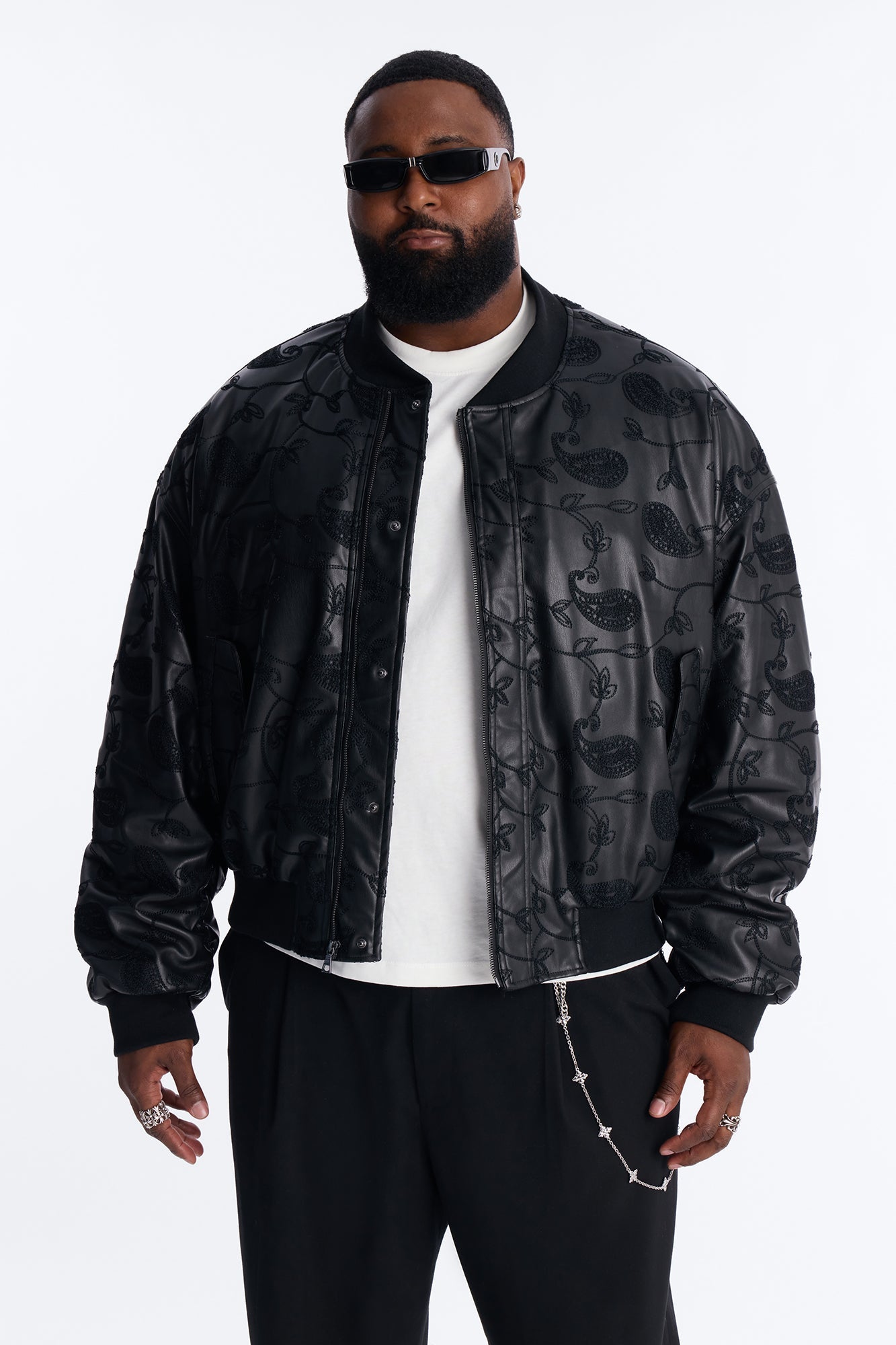 Oversized Faux Leather Paisley Embroidered Bomber Jacket - Black