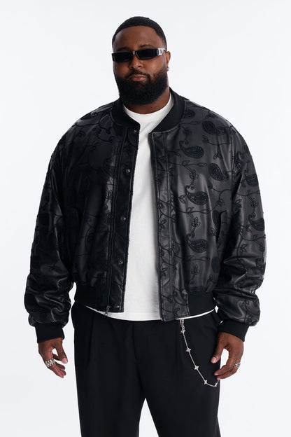 Oversized Faux Leather Paisley Embroidered Bomber Jacket - Black