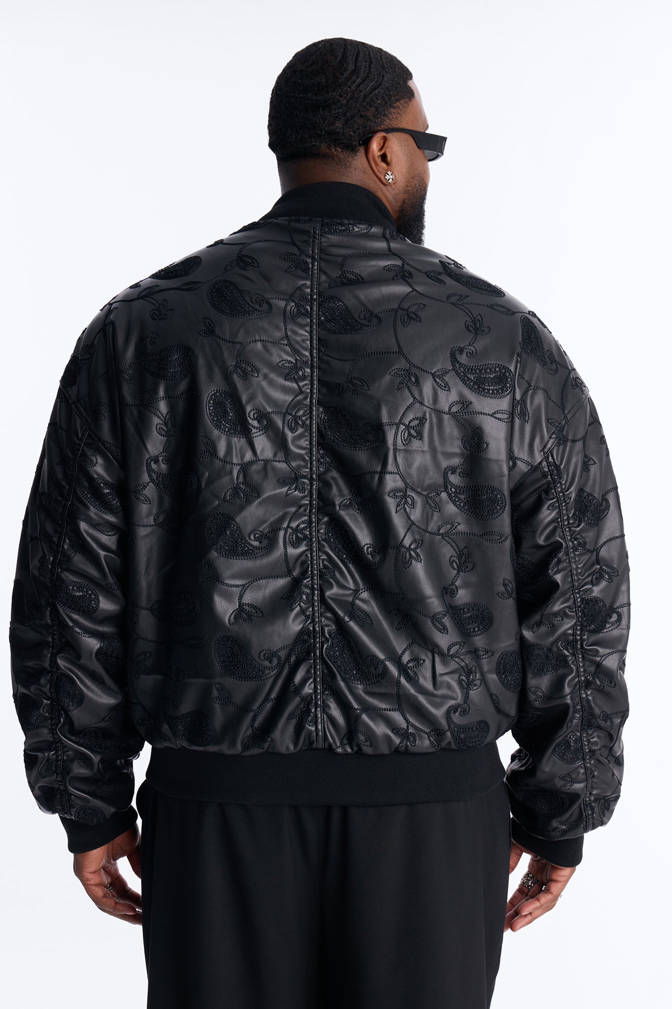 Oversized Faux Leather Paisley Embroidered Bomber Jacket - Black