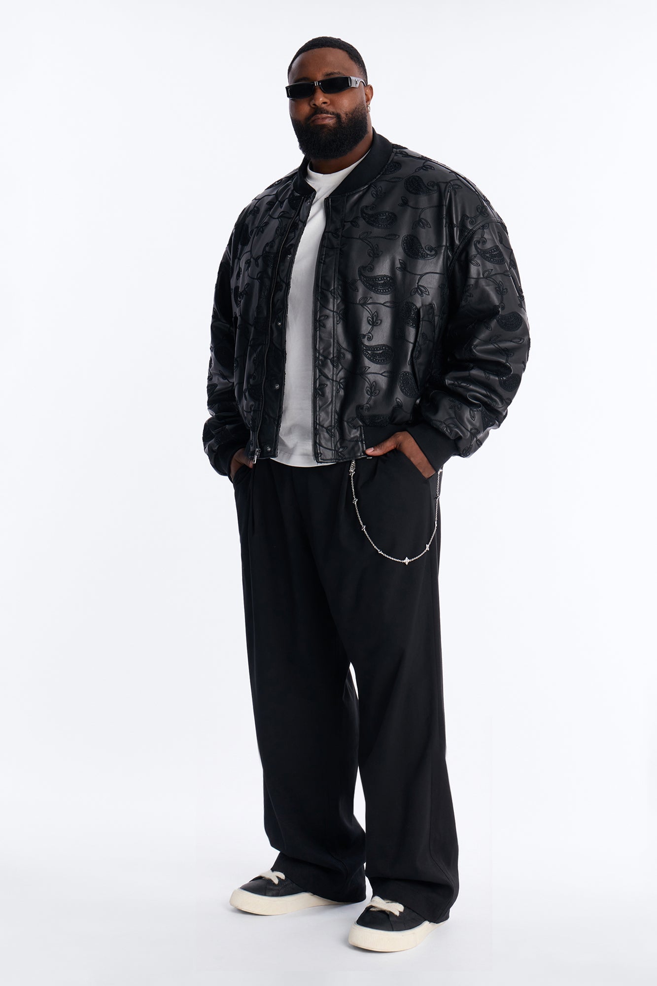 Oversized Faux Leather Paisley Embroidered Bomber Jacket - Black