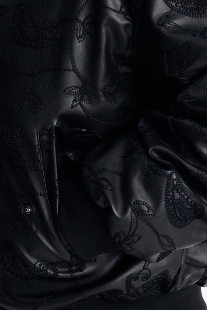 Oversized Faux Leather Paisley Embroidered Bomber Jacket - Black