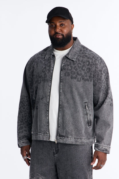 Night Fall Leopard Denim Jacket - Black Wash