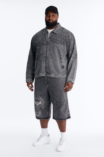 Night Fall Leopard Denim Jacket - Black Wash