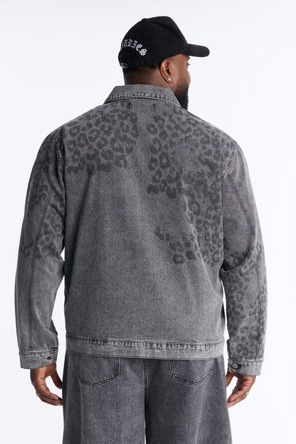 Night Fall Leopard Denim Jacket - Black Wash