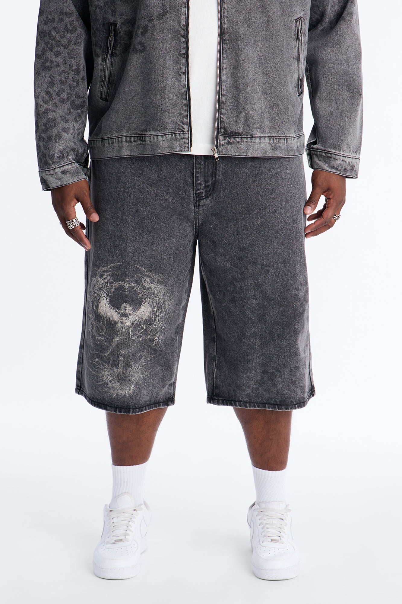 Baggy Night Fall Leopard Denim Shorts - Black Wash
