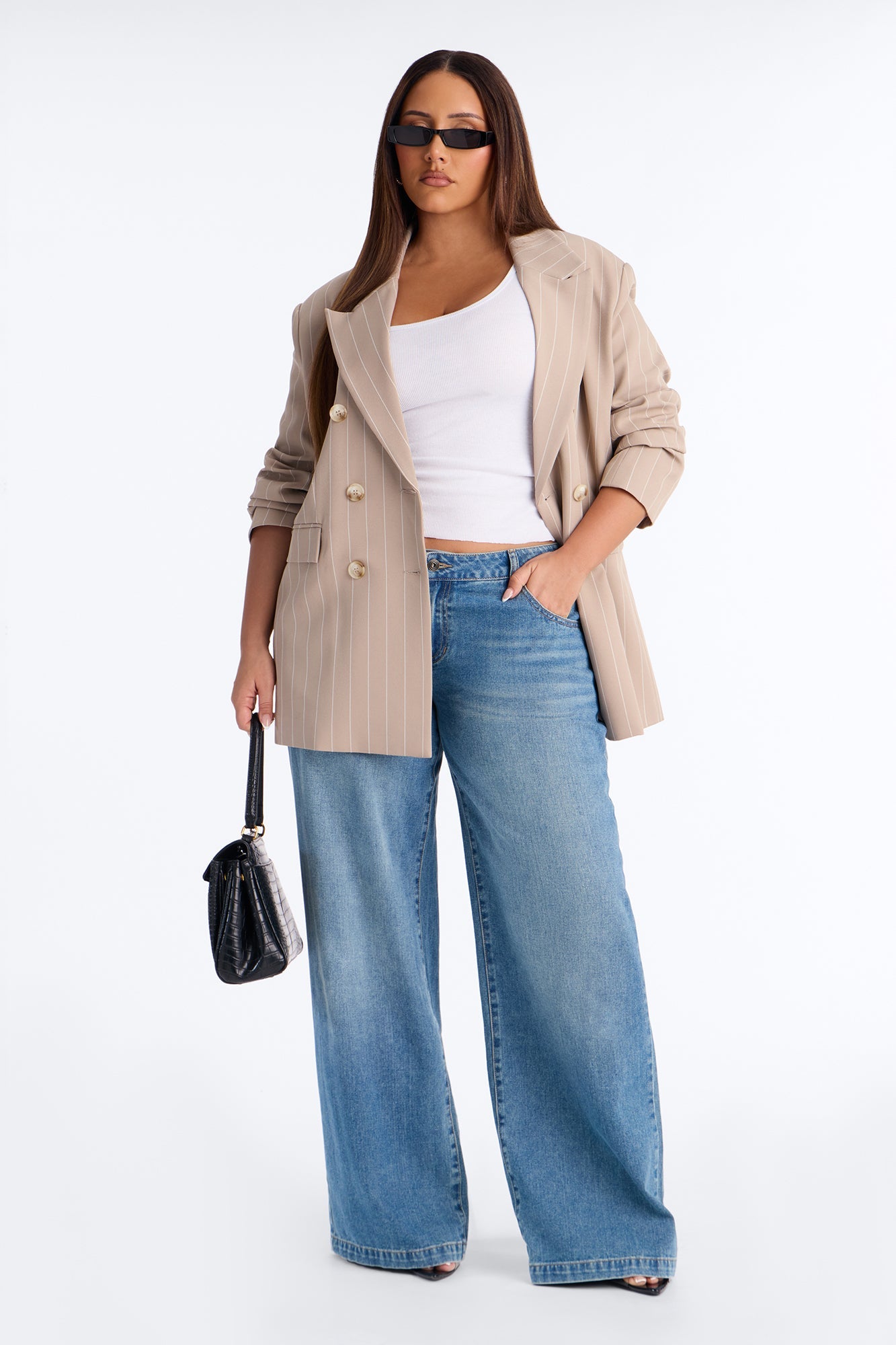 Regina Double Breasted Boyfriend Pinstripe Blazer - Stone