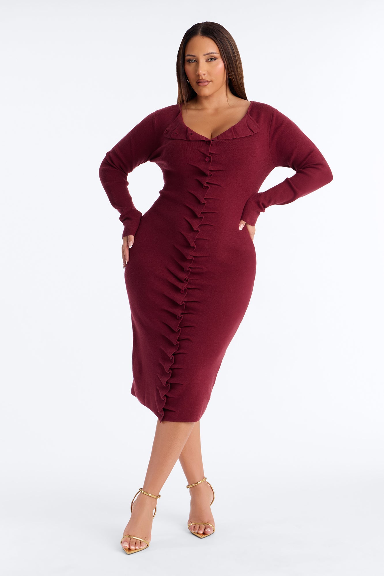 Jaime Sweater Button Up Midi Dress - Burgundy