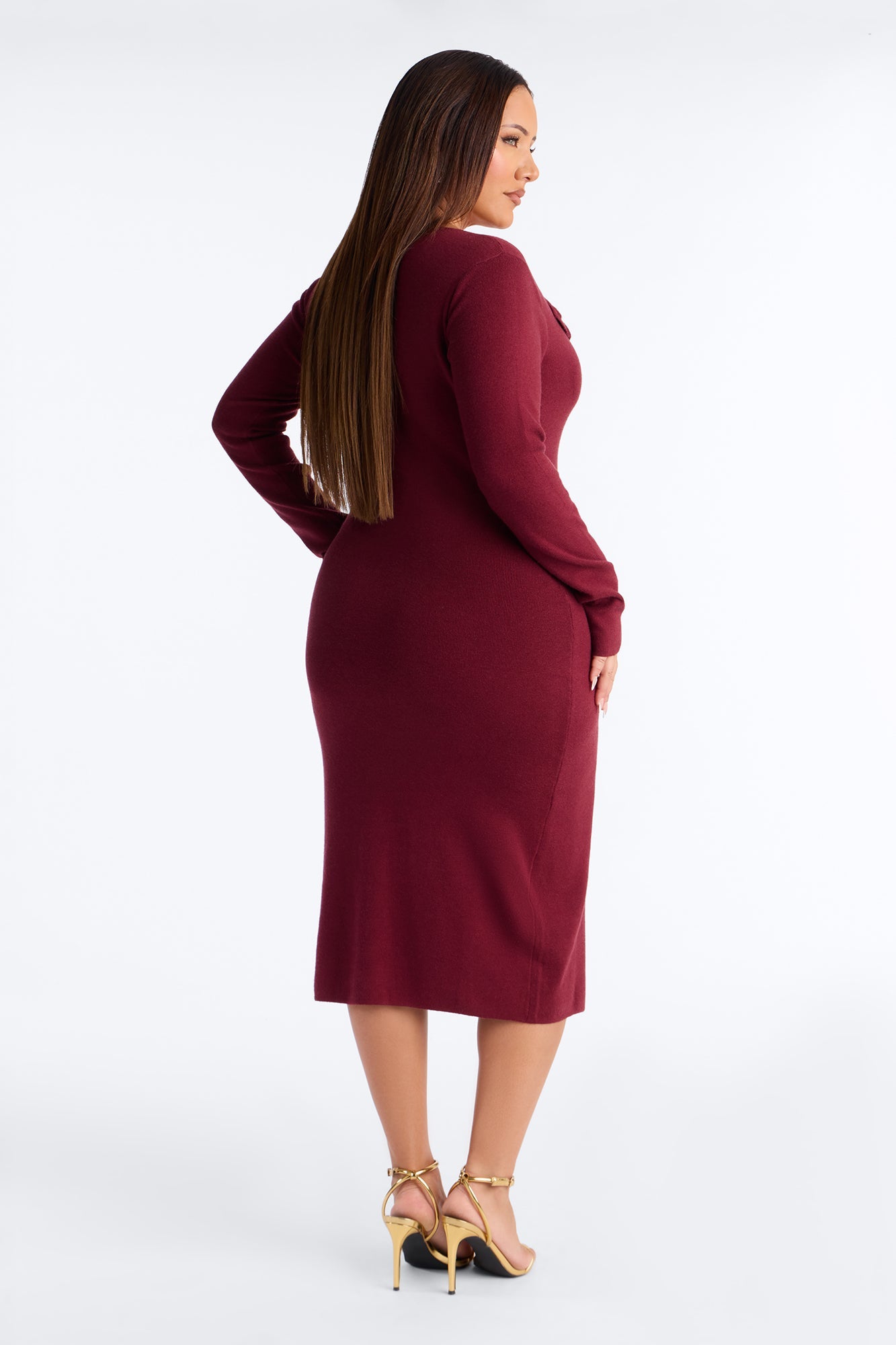 Jaime Sweater Button Up Midi Dress - Burgundy
