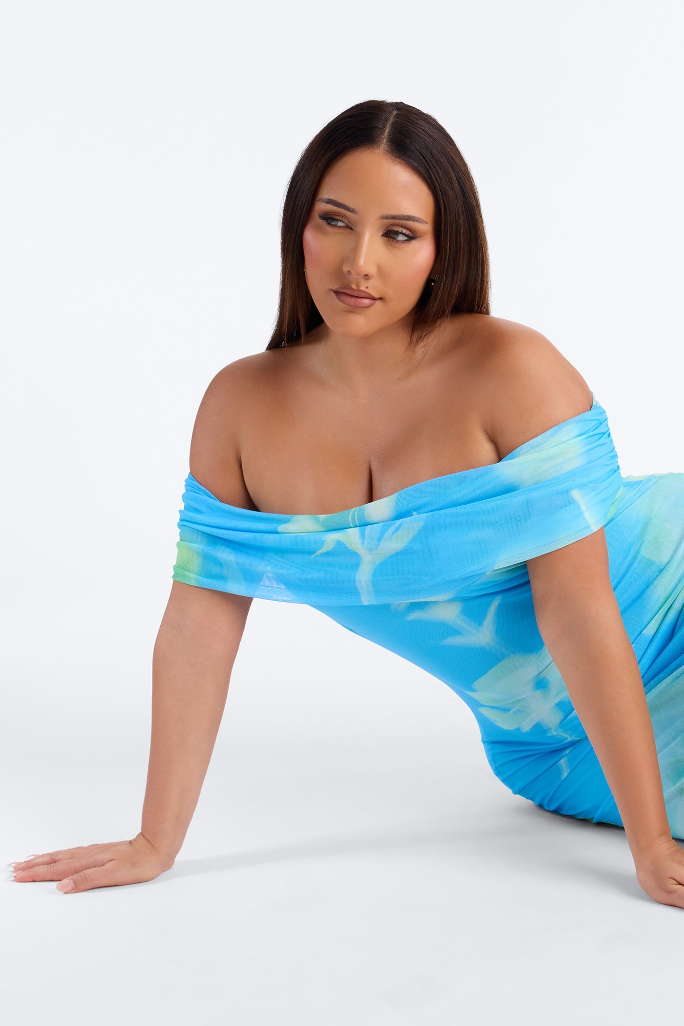Emilee Off Shoulder Mesh Maxi Dress - Blue/combo