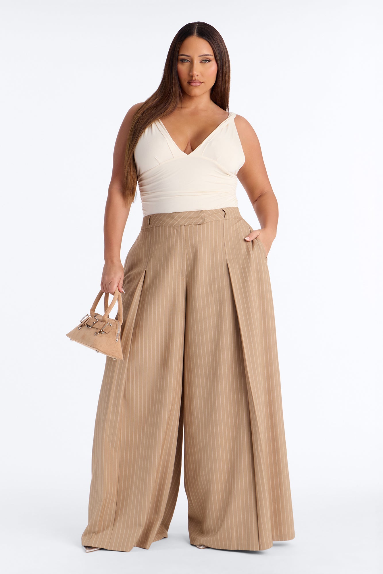 Catch A Break Pinstripe Wide Leg Pant 33″ - Taupe/combo