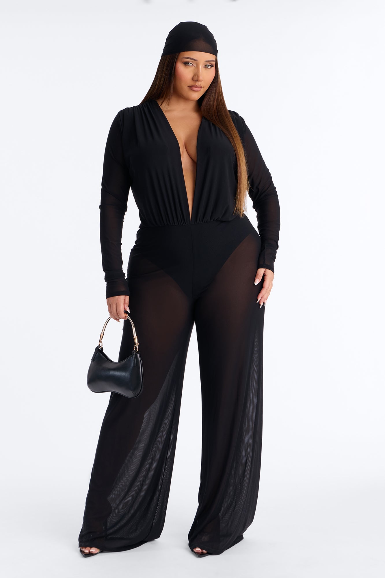 Sara Plunge Neck Jumpsuit And Headscarf 2 Piece Set - Black