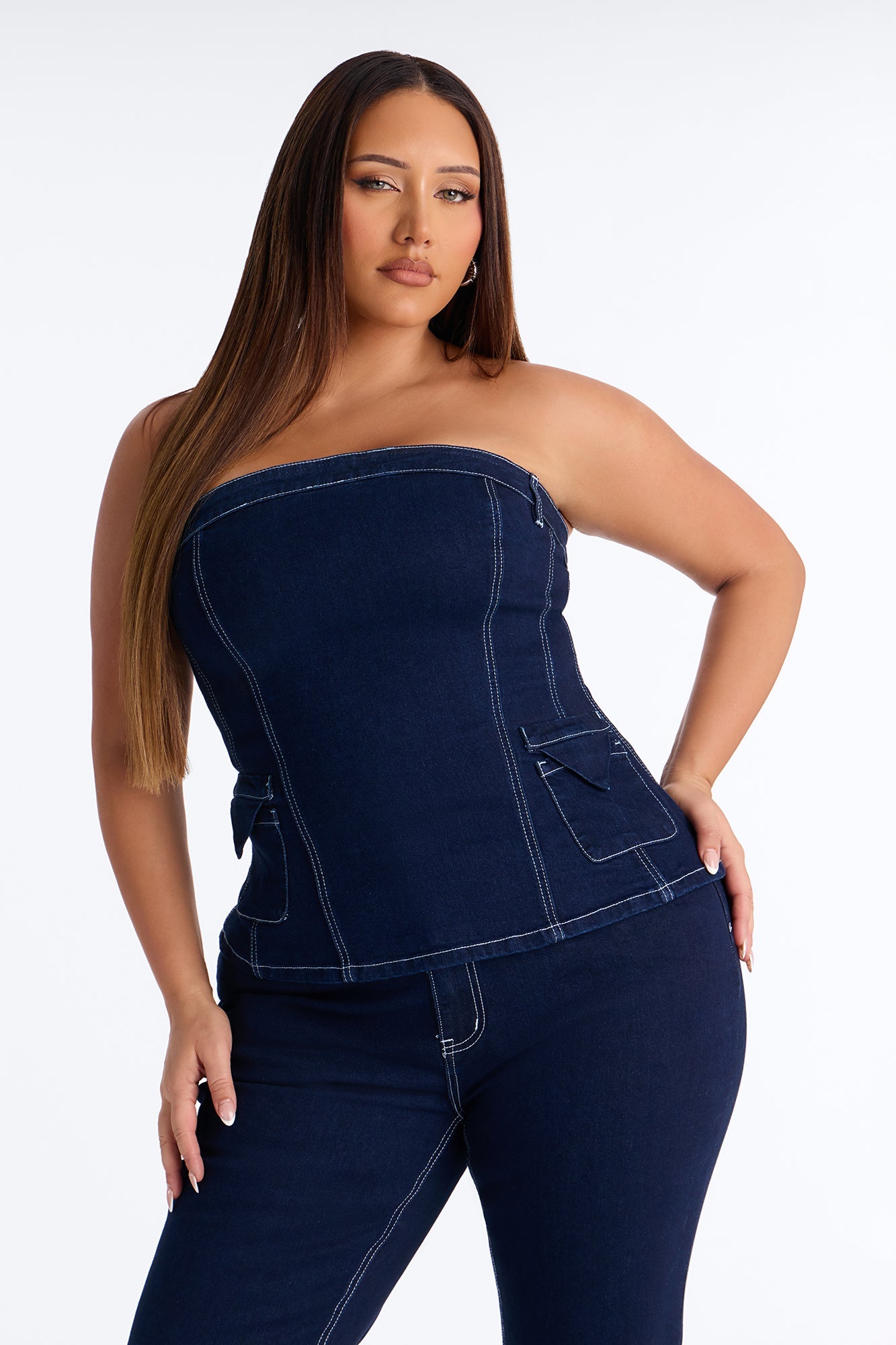 Vanessa Strapless Denim Pant Set - Dark Wash