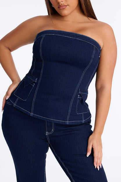 Vanessa Strapless Denim Pant Set - Dark Wash