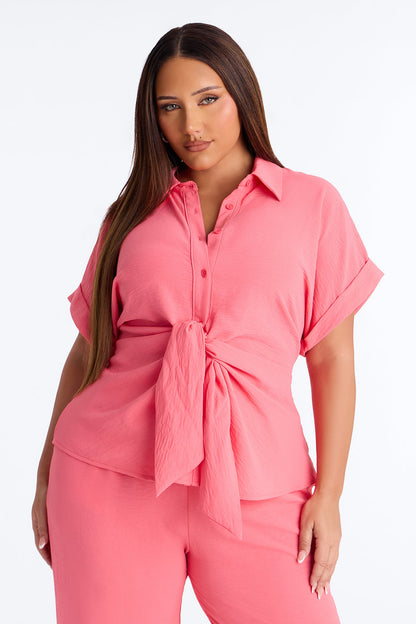 Makela Tie Front Wide Leg Pant Set - Pink