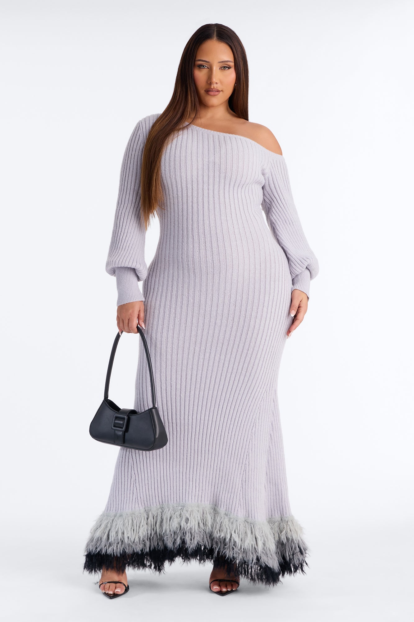 Stop And Stare Fur Trim Sweater Maxi Dress - Grey