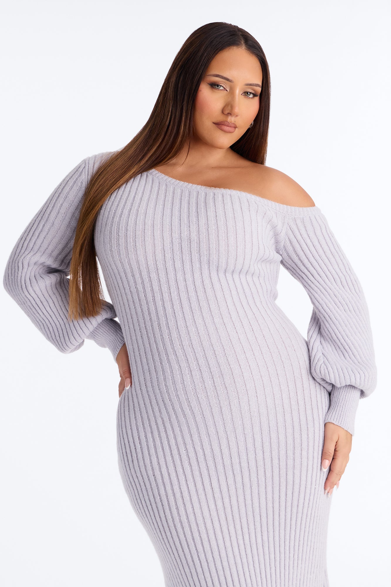 Stop And Stare Fur Trim Sweater Maxi Dress - Grey