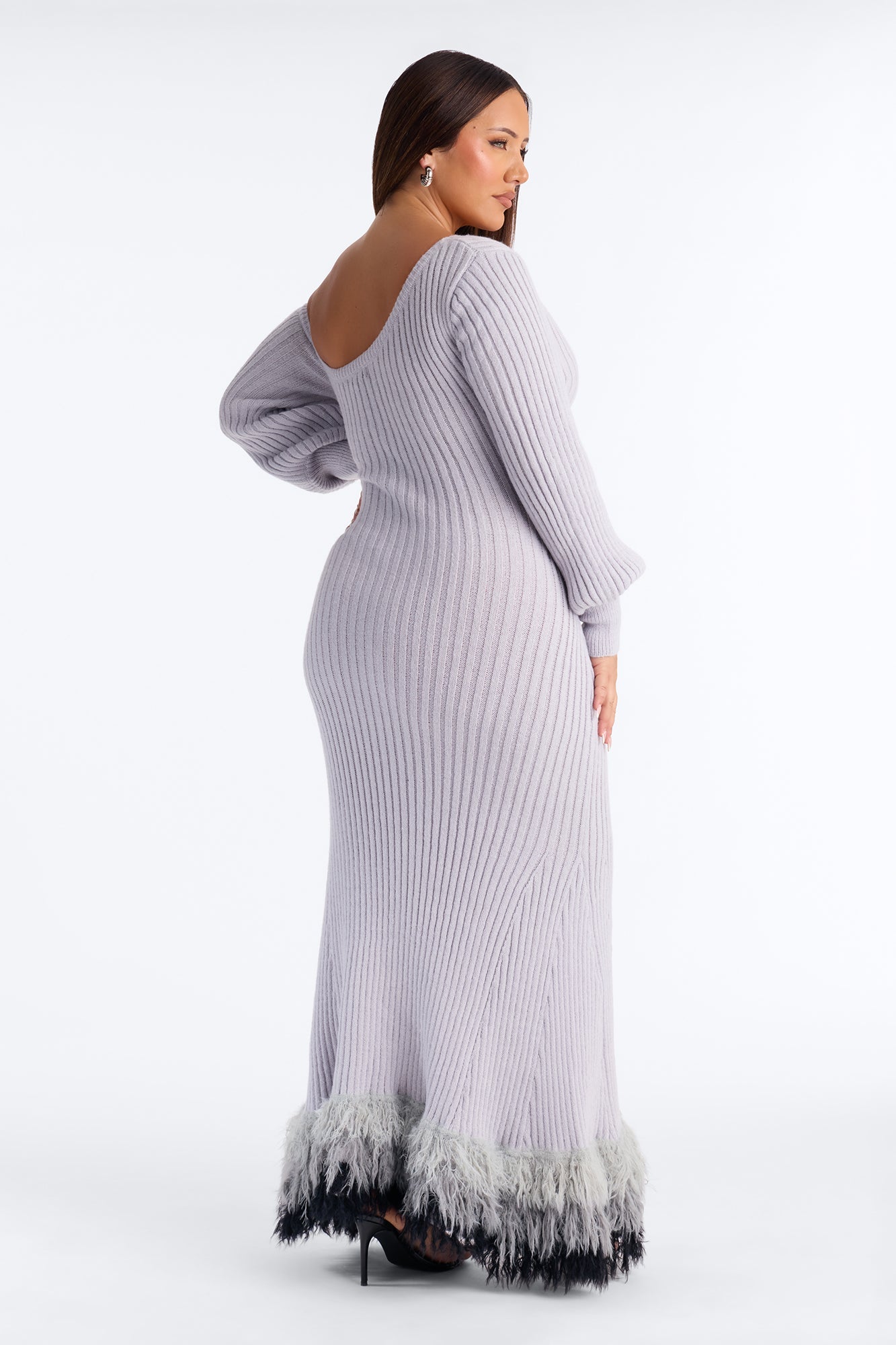 Stop And Stare Fur Trim Sweater Maxi Dress - Grey