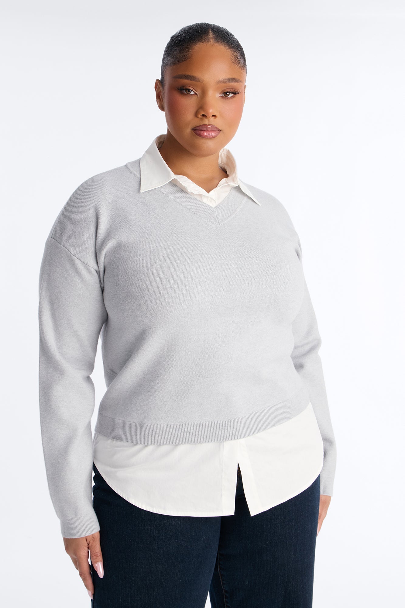 Join The Club Set-In Poplin Sweater - Grey/combo