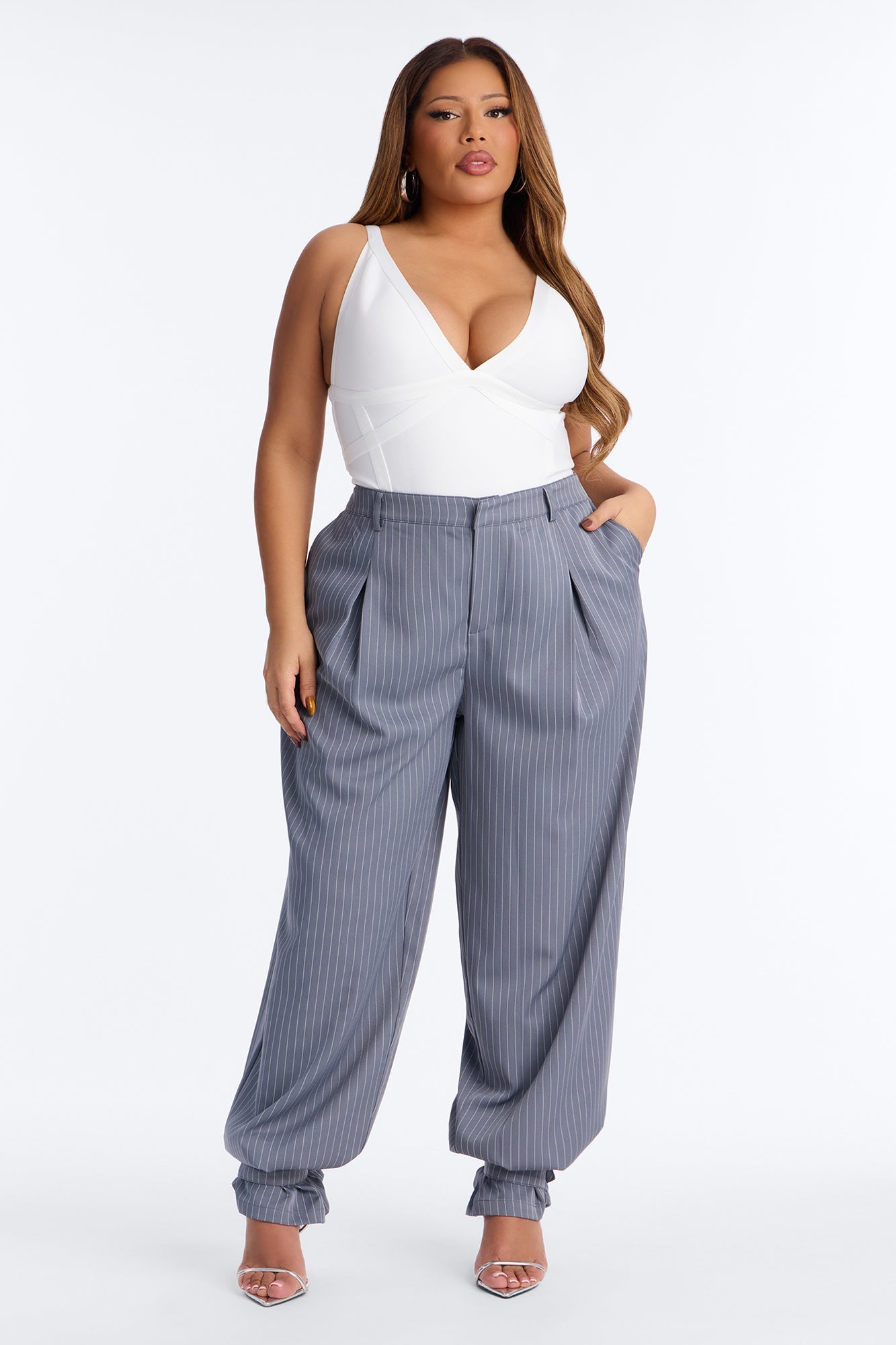 Never Settle Pinstripe Adjustable Cuff Trouser Pants 33″ - Grey