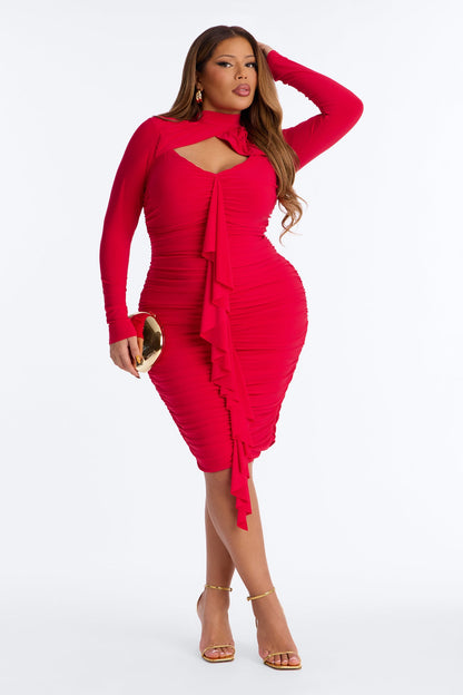 Liliana Ruched Ruffle Midi Dress - Red