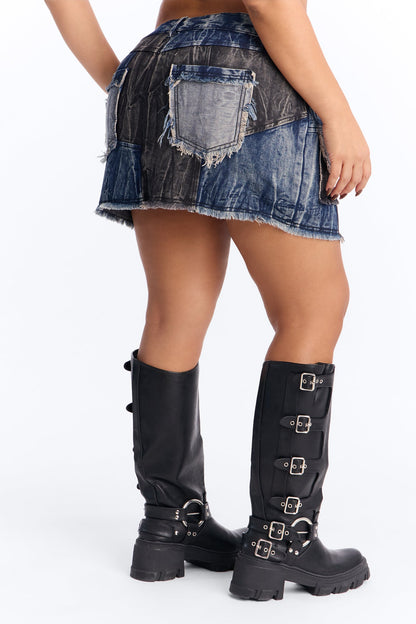 Rebel Hero Patchwork Mini Skirt - Dark Wash