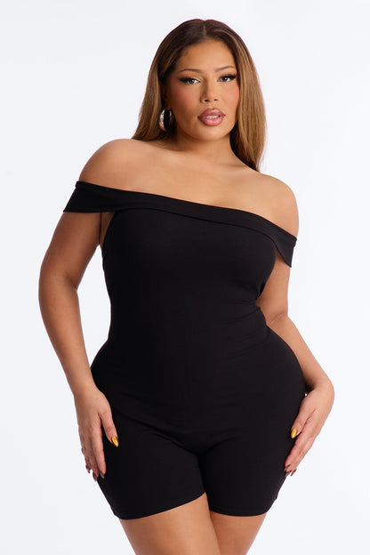 Melody Off Shoulder Ribbed Romper - Black