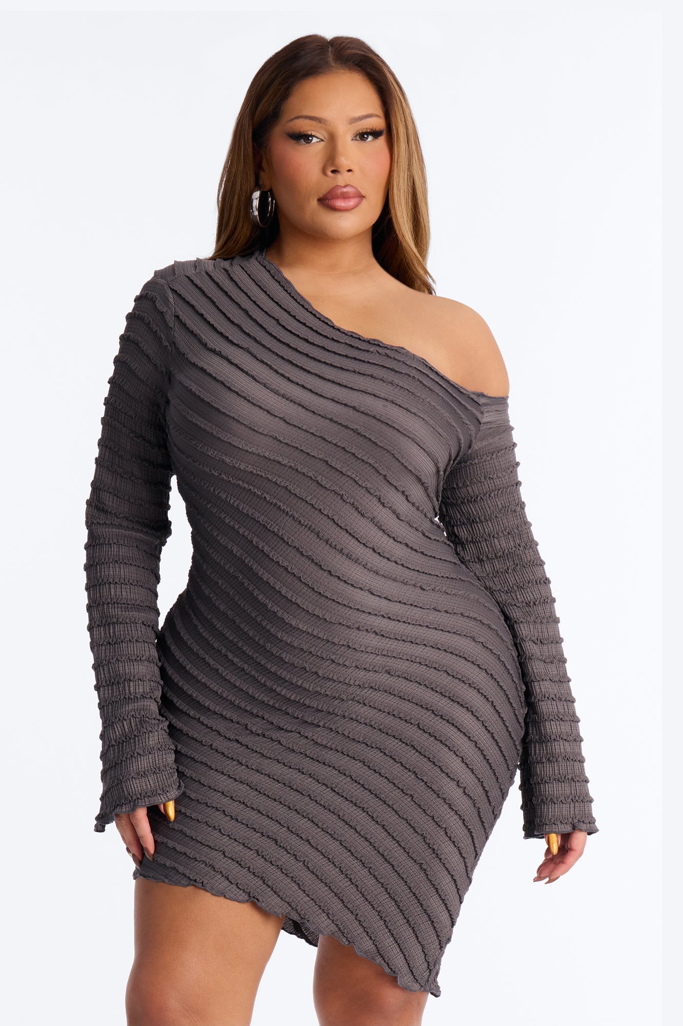 Emerson One Shoulder Textured Mini Dress - Charcoal