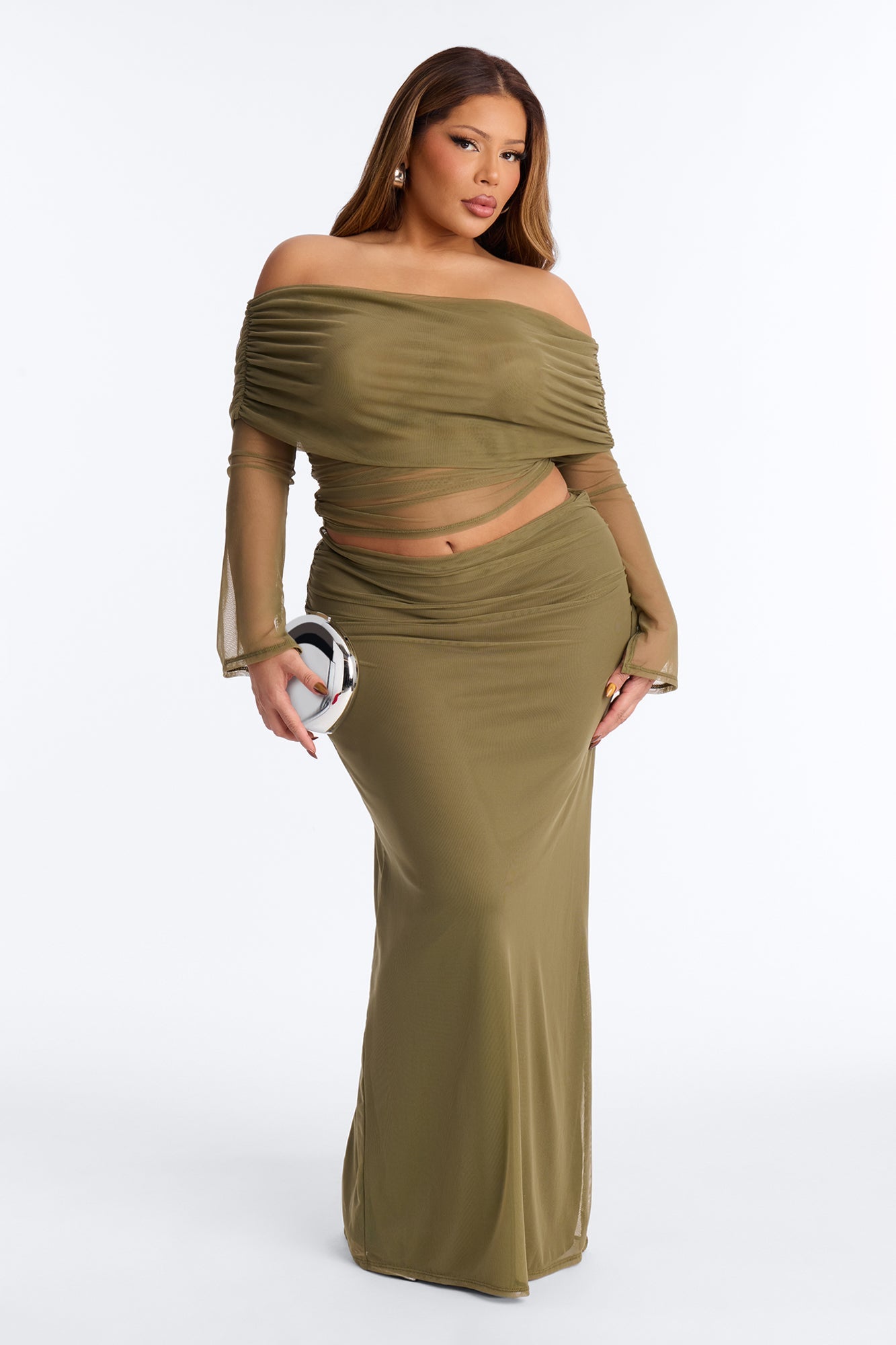 Just In Time Mesh Off Shoulder Maxi Skirt Set - Olive